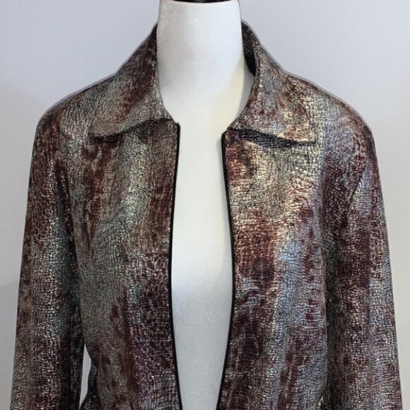 joseph Ribkoff Purple and Silver Snakeprint Tie Front Metalic Moto Jacket 10 - Picture 3 of 15
